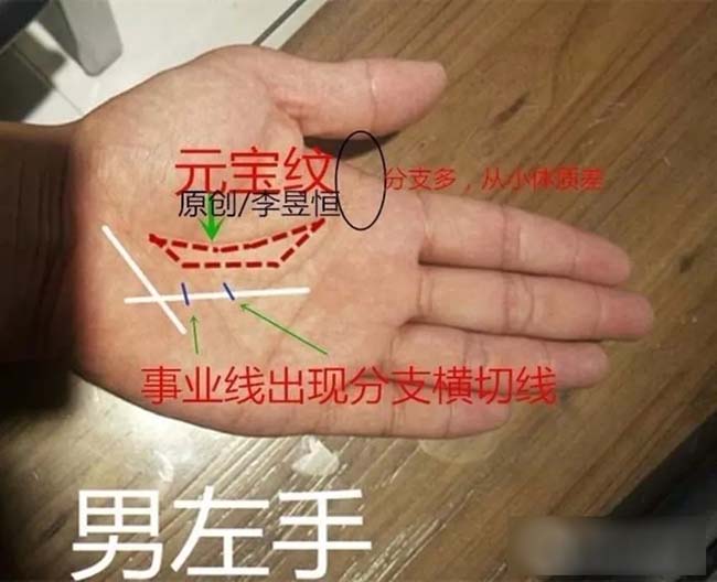 上图中这位男士手相中玉柱纹开端被几条横切线穿过,事业上比较不顺,财
